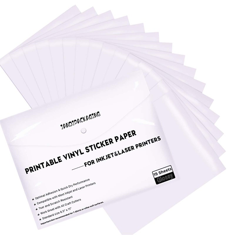 JANDJPACKAGING Printable Vinyl Sticker Paper - Waterproof Printable Vinyl for Laser & Inkjet Printer 15 Self-Adhesive Sheets - Glossy White - Standard Letter Size 8.5""x11"" - Image 1